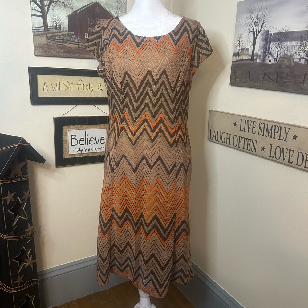 Sharagano Brown and Orange Zigzag Midi Dress